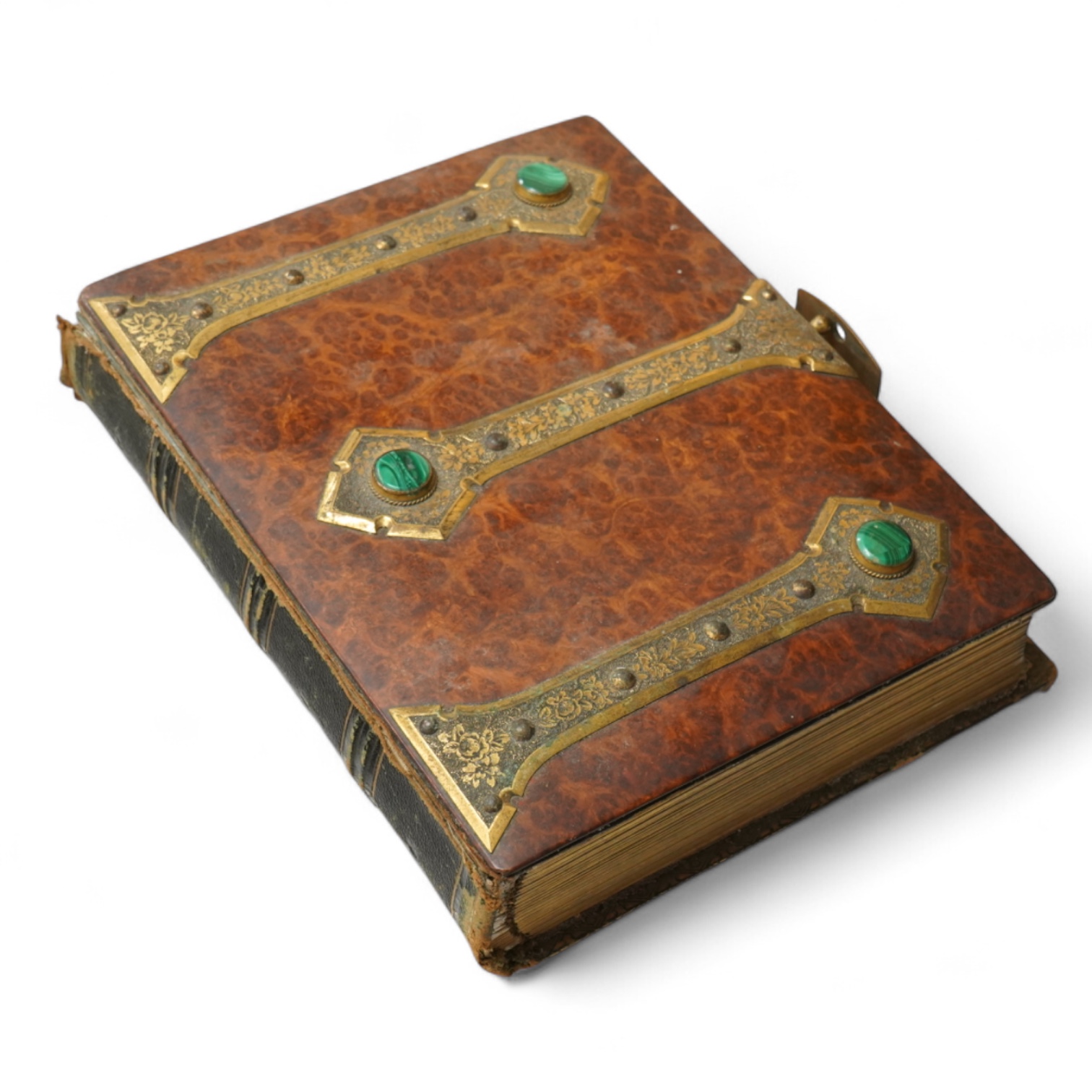 A Victorian malachite mounted amboyna family photograph album, 23cm x 30cm